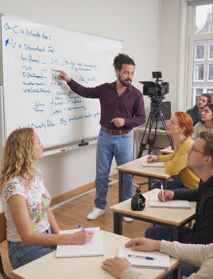 Mani teaching camera settings at a whiteboard
